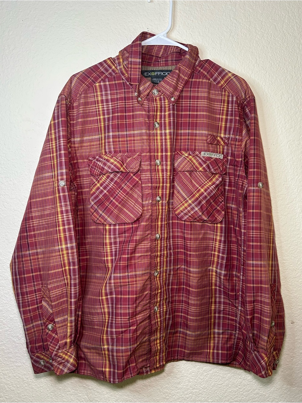 ExOfficio Men's Red Plaid Button-Up Shirt Active Outdoor L Camp Hiking Light